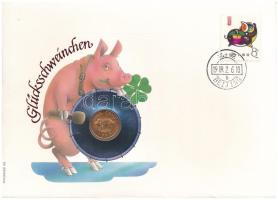 Bermuda 1988. 1c bronz "Szerencsemalac" felbélyegzett borítékban, bélyegzéssel T:UNC Bermuda 1988. 1 Cent bronze "Fortune pig" in envelope with stamp, with German description C:UNC Krause KM#44