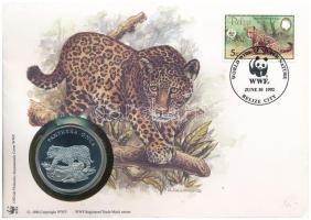 Belize DN (1991) A Világ Vadvédelmi Alap (WWF) 30. évfordulója - Panthera Onca (Jaguár) kétoldalas fém emlékérem érmés borítékban, bélyeggel és bélyegzéssel, német nyelvű ismertetővel T:PP patina Belize ND (1991) 30th Anniversary of the World Wildlife Fund - Panthera Onca two-sided metal commemorative medallion in envelope with stamp and cancellation, with German description C:PP patina