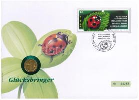 Svájc 2002. 1r bronz, "Glücksbrief" felbélyegzett érmés borítékban, alkalmi bélyegzéssel T:UNC,AU Switzerland 2002. 1 Rappen bronze, in "Glücksbrief" in envelope with stamp and cancellaltion C:UNC,AU