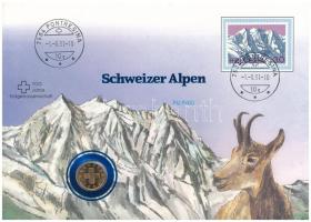 Svájc 1986. 1r bronz, "Svájci Alpok - Piz Palü" felbélyegzett érmés borítékban, bélyegzéssel T:UNC,AU Switzerland 1986. 1 Rappen bronze, in "Swiss Alpines - Piz Palü" in envelope with stamp and cancellaltion C:UNC,AU