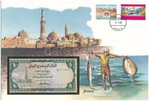 Jemen DN (1983.) 1R borítékban, alkalmi bélyeggel és bélyegzéssel T:UNC Yemen ND (1983.) 1 Rial in envelope with stamps and cancellations C:UNC