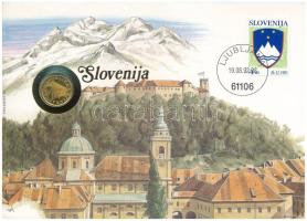 Szlovénia 1992. 0,02L sárgaréz kereskedelmi zseton felbélyegzett borítékban, bélyegzéssel, német nyelvű leírással T:UNC Slovenia 1992. 0,02 Lipe brass trade token in envelope with stamp, cancellation and a prospectus in german C:UNC