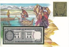 Bolívia 1982. 1000P felbélyegzett borítékban, bélyegzéssel T:UNC  Bolivia 1982. 1000 Pesos in envelope with stamp and cancellation C:UNC