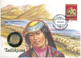 Tadzsikisztán felbélyegzett borítékban, bélyegzéssel, német nyelvű tájékoztatóval, benne Oroszország 1992. 5R acél T:AU patina Tajikistan in envelope with stamp, cancellation and a prospectus in german, in it Russia 1992. 5 Rubles brass clad steel C:AU patina