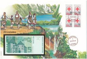 Horvátország 1993. 5K felbélyegzett borítékban, bélyegzéssel T:UNC Croatia 1993. 5 Kuna in envelope with stamp and cancellation C:UNC