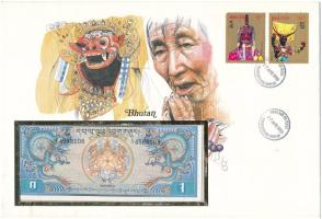 Bhutan 1N DN (1981-1985). felbélyegzett borítékban, bélyegzéssel T:UNC  Bhutan ND (1981-1985). 1 Ngultrum in envelope with stamp and cancellation C:UNC
