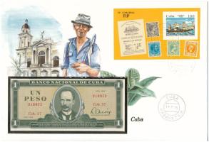 Kuba 1982. 1P felbélyegzett bankjegyes boríték bélyegzéssel T:UNC Cuba 1982. 1 Peso in banknote envelope with stamp and cancellation C:UNC