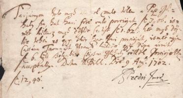 1702 Salgótarján, Sajószentpéter vonatkozású nyugta, benne a Hohenzollern regiment említésével, magy...