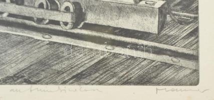 Maurer Dóra (1934) Fűrészipari vállalat üzeme. Rézkarc, papír, jelzett, üvegezett keretben. 24x29 cm