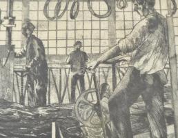 Maurer Dóra (1934) Fűrészipari vállalat üzeme. Rézkarc, papír, jelzett, üvegezett keretben. 24x29 cm