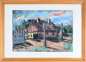 Sárközy Zoltán (1910-?): Faluvég, póznákkal. Pasztell, papír, jelzett, keretben, 30x40 cm