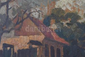 Olvashatatlan jelzéssel: Árnyas utca. Olaj, farost, jelzett, keretben, 36x48 cm