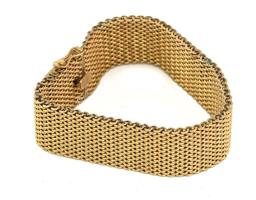 14K arany (Au) szövött mintás karlánc, jelzett 19 cm, 2 cm széles. Réz szál erősítéssel br 59 g