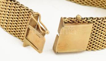 14K arany (Au) szövött mintás karlánc, jelzett 19 cm, 2 cm széles. Réz szál erősítéssel br 59 g