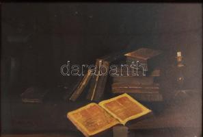 Lakos Alfréd (1870-1961): Csendélet könyvekkel. Olaj, karost, jelzett dekoratív keretben 34x26 cm