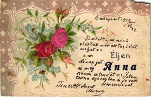 1902 Éljen Anna / Name Day greeting art postcard with silk flowers. Art Nouveau, floral, Emb. litho (EM)