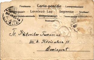 1902 Éljen Anna / Name Day greeting art postcard with silk flowers. Art Nouveau, floral, Emb. litho ...