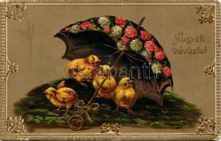 1909 Húsvéti üdvözlet / Easter greeting art postcard with chicken and umbrella. Floral, Emb. litho (EM)