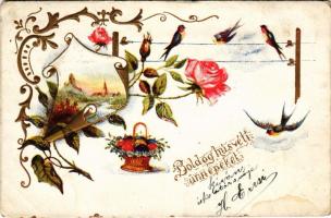 1902 Boldog húsvéti ünnepeket / Easter greeting art postcard with swallows. Floral, Emb. litho (EK)