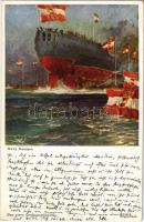 1915 SMS SZENT ISTVÁN osztrák-magyar haditengerészet Tegetthoff-osztályú csatahajó vízre bocsájtása / K.u.k. Kriegsmarine, Bau eines Grosskampfschiffes, Stapellauf. Offizielle Postkarte des Österreichischen Flottenvereines zu Gunsten des Kriegsfürsorgeamtes des Kriegshilfsbüros und des Roten Kreuzes / WWI Austro-Hungarian Navy dreadnought battleship s: Harry Heusser (EK)