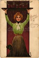 1901 Boldog Újévet / New Year greeting art postcard with lady. Art Nouveau, litho s: Mailick (kopott sarkak / worn corners)