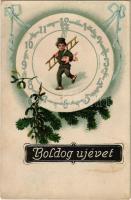 Boldog Újévet / New Year greeting art postcard with chimney sweeper, pig and clock (fl)