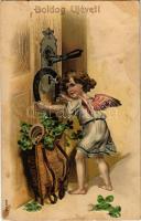 1907 Boldog Újévet / New Year greeting art postcard with angel, clovers and horseshoes. Emb. litho (fl)