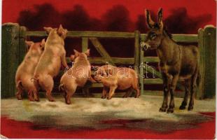 1907 Boldog Újévet / New Year greeting art postcard with pigs and donkey. Emb. litho (EK)