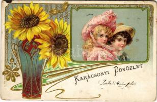 1904 Karácsonyi üdvözlet / Christmas greeting art postcard with children and sunflowers. Art Nouveau, floral, Emb. litho (vágott / cut)