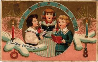 Boldog karácsonyt / Christmas greeting art postcard with children singing. Art Nouveau, Emb. litho (EB)