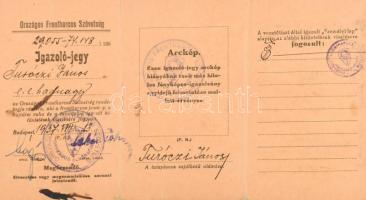 1937. "Országos Frontharcos Szövetség" kitöltött igazoló jegye a frontharcos jelvény, a ba...