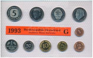 NSZK 1993G 1pf-5M (10xklf) forgalmi sor fólia tokban, ragasztás részben elengedett T:UNC  GFR 1993G 1 Pfennig - 5 Mark (10xdiff) coin set in foil packaging, loose coins C:UNC