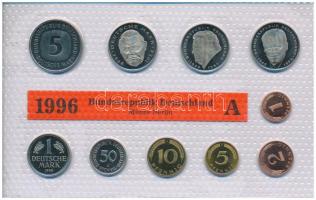 NSZK 1996A 1pf-5M (10xklf) forgalmi sor fólia tokban, ragasztás részben elengedett T:UNC  GFR 1996A 1 Pfennig - 5 Mark (10xdiff) coin set in foil packaging, loose coins C:UNC