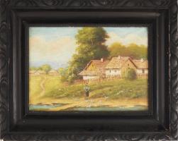 Kemény jelzéssel: Libapásztorlány. Olaj, vászon. Dekoratív, kissé sérült fakeretben. 25x35 cm