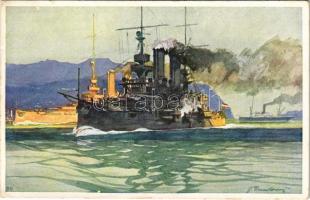 Österreichische K.u.k. Kriegsmarine SM Schiff Habsburg und Árpád / K.u.k. Kriegsmarine / Austro-Hungarian Navy battleships art postcard. B.K.W.I. 928-3. s: J. Danilowatz