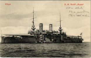 SMS ÁRPÁD az Osztrák-Magyar Haditengerészet Habsburg-osztályú csatahajója / K.u.k. Kriegsmarine / Austro-Hungarian Navy Habsburg-class pre-dreadnought battleship. G. Costalunga Pola 1910.