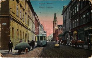 Kraków, Krakkó, Krakau; Stradom / Grodgasse / street view, tram, shops (b)