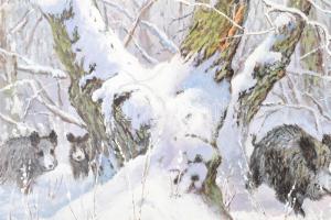 Csáti Jónás (-): Verekedő disznók (vaddisznók). Olaj, vászon, jelezve jobbra lent. Dekoratív fakeret...