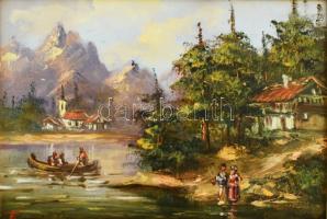 Méhész Tamás (1940-): Nyári folyópart. Olaj, farost, jelzett. Dekoratív fakeretben, 13×18 cm