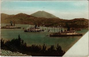 ~1900 Mali Losinj, Lussinpiccolo; Három osztrák-magyar haditengerészeti Monarch-osztályú partvédő páncélosa / K.u.K. Kriegsmarine / Austro-Hungarian Navy Monarch-class coastal defense ships. B. Lergetporer photo (EK)