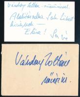 Sas József (1939-2021) Jászai Mari-díjas színész, rendező, humorista, a Mikroszkóp Színpad igazgatójának autográf aláírása és sorai névjegykártyája hátoldalán, Várday Zoltán (1947-2023) színész részére, borítékkal