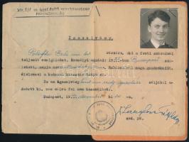 1944 Bp., Polefkó Béla játékkészítő fényképes munkaszolgálatos igazolványa, M. kir. I/1. sz. honi építő munkásszázad parancsnokság, bélyegzővel és aláírással