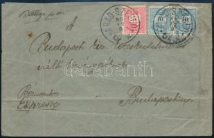 1888 Ajánlás nélküli expressz levél Színesszámú 5kr + 2 x 10kr bérmentesítéssel, 2. súlyfokozat ARAD-SZEGED mozgóposta bélyegzéssel Budapestre küldve