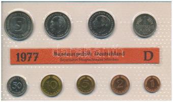 NSZK 1977D 1pf-5M (9xklf) forgalmi sor fólia tokban T:UNC  GFR 1977D 1 Pfennig - 5 Mark (9xdiff) coin set in foil packaging C:UNC