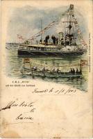 1903 SMS WIEN auf der Rhede von Spithead. K.u.K. Kriegsmarine / Austro-Hungarian Navy, SMS Wien Monarch-class coastal defense ship (decorated with naval flags), mariners rowing in a boat with officers, naval flag, art postcard. A. Reinhard's Verlag Fiume s: R. Hochberg (fl)