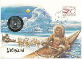 Grönland, benne Dánia 1987. 25ö felbélyegzett borítékban, bélyegzéssel, német nyelvű leírással T:UNC Greenland with Denmark 1987. 25 Öre coin in envelope with stamp and cancellation, with German description C:UNC