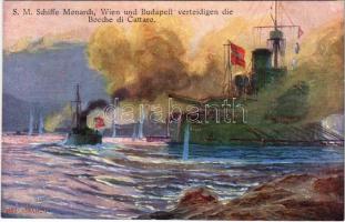 K.u.K. Kriegsmarine SM Schiffe Monarch, Wien und Budapest verteidigen die Bocche di Cattaro. Offizielle Postkarte des Österreichischen Flottenvereines zu Gunsten der Kriegsfürsorge / Austro-Hungarian Navy art postcard, Monarch-class coastal defense ships defending the Bay of Kotor s: Alex Kircher