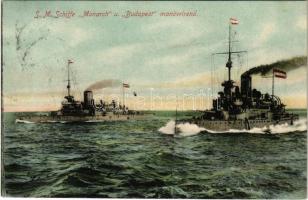 1909 SMS Budapest és SMS Monarch az Osztrák-Magyar Haditengerészet Monarch-osztályú partvédő csatahajók / K.u.K. Kriegsmarine SM Schiffe Monarch und Budapest manövrierend / Austro-Hungarian Navy, Monarch-class coastal defense ships. G. Costalunga Pola 1908.