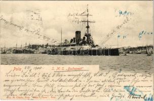 1900 SMS BUDAPEST Osztrák-Magyar Haditengerészet Monarch-osztályú partvédő csatahajó / K.u.K. Kriegsmarine / Austro-Hungarian Navy, Monarch-class coastal defense ship. Dep. M. Clapis, Phot. Flora Pola