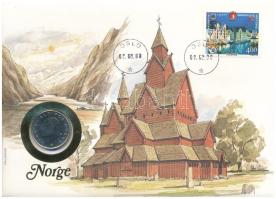 Norvégia 1988. 1K Cu-Ni felbélyegzett érmés borítékban, bélyegzéssel T:AU Norway 1988. 1 Kronor Cu-Ni in coin envelope with stamp, cancellation C:AU